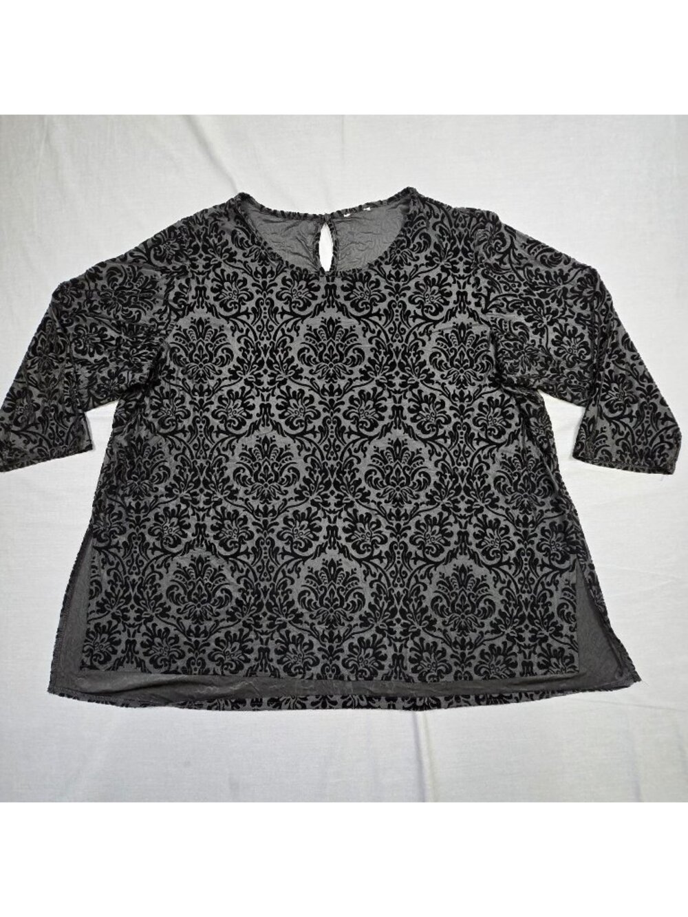 Damask Velvet Burnout Womens 2X 3X Black 3/4 Sleeve Top Whimsigoth